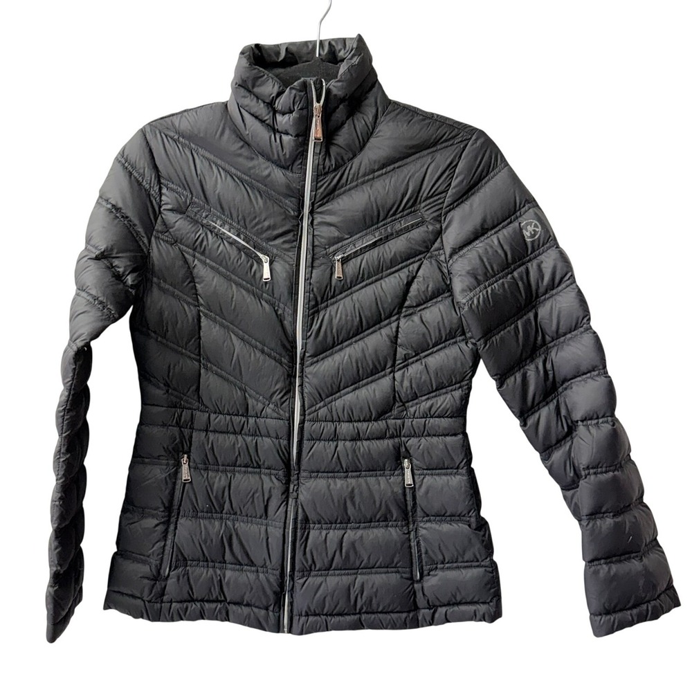 Michael Kors Down Puffer Jacket Women XS Black Chevron Quilted Lightweight Zip